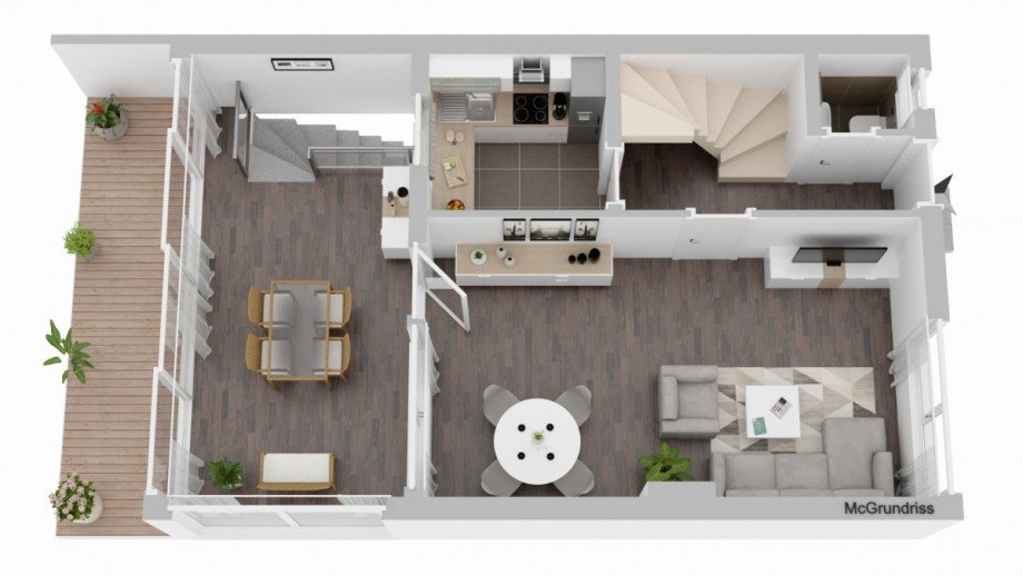 Grundriss Erdgeschoss visualisiert Ist-Zustand Reihenmittelhaus Leverkusen