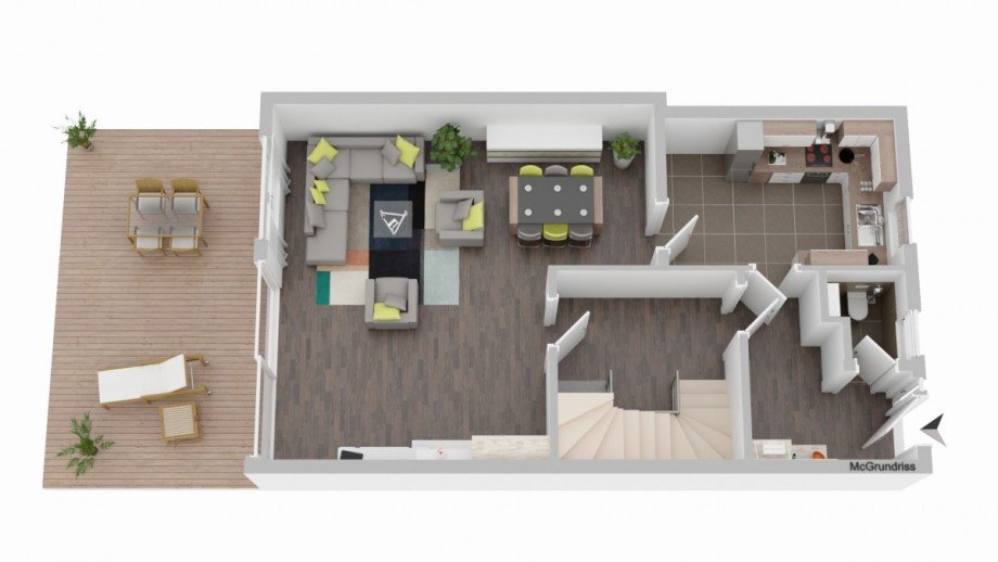 Grundriss EG. visualisiert Reihenendhaus Leichlingen