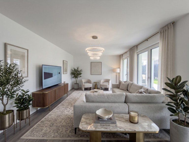 Wohnzimmer visualisiert Burscheid Erdgeschosswohnung PROVISIONSFREI: Haus-im-Haus-Gef�hl! 4-Zi.-Gartentraum (132 m�) mit Privatgarten, Erdw�rme, 2 B�dern & Garage