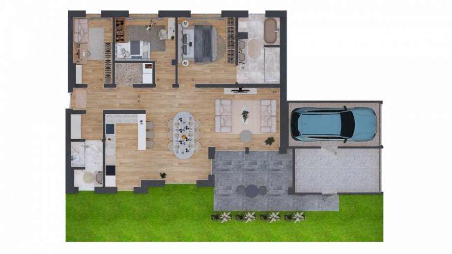 2D Grundriss visualisiert Erdgeschosswohnung Burscheid