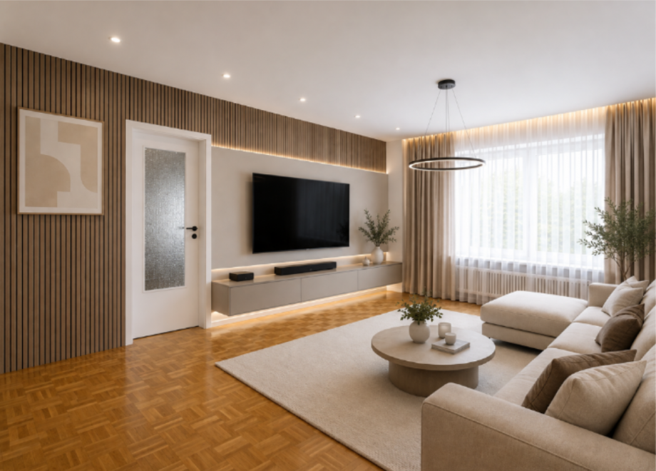 Wohnzimmer visualisiert Reihenmittelhaus Leverkusen