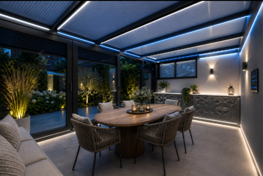 Wintergarten visualisiert Abendstimmung Reihenmittelhaus Leverkusen