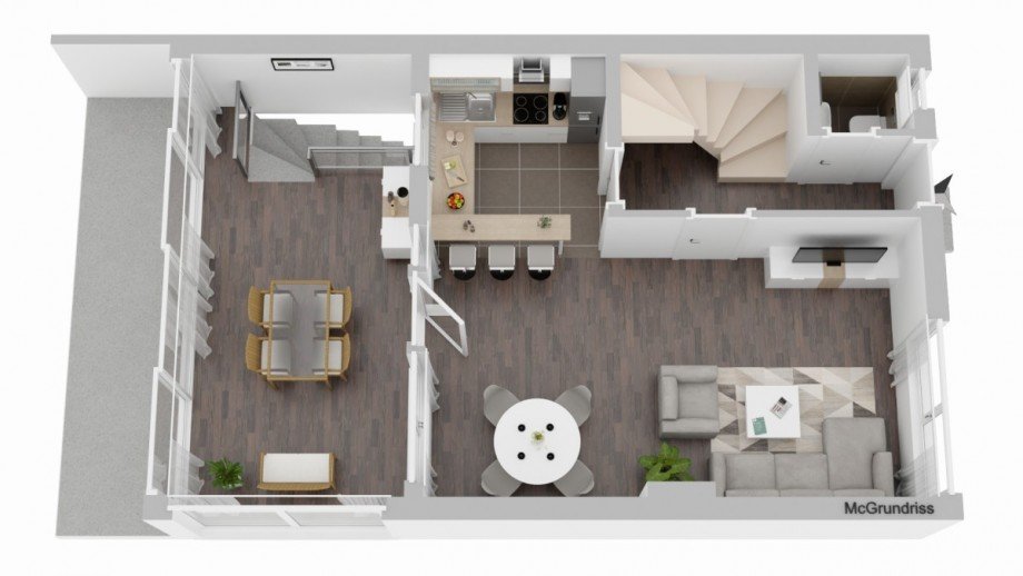 Grundriss Erdgeschoss visualisiert Variante offene K�che kein Ist-Zustand Reihenmittelhaus Leverkusen