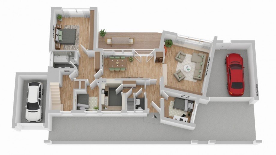 3D Grundriss Erdgeschoss Zweifamilienhaus Leverkusen